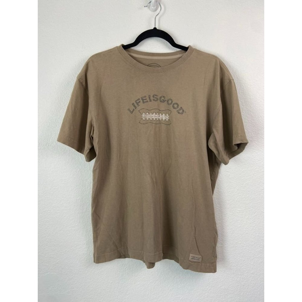 Life‎ Is Good men's medium brown football graphic short sleeve cotton tee shirt